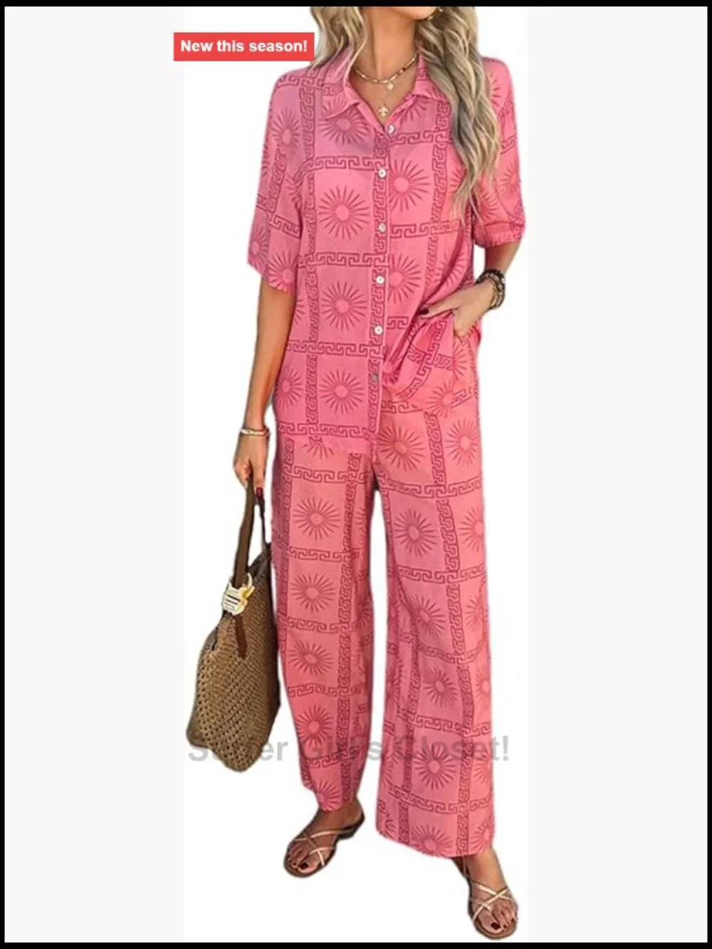 2 Piece Boho Summer Short Sleeve Top and Matching Pants Set